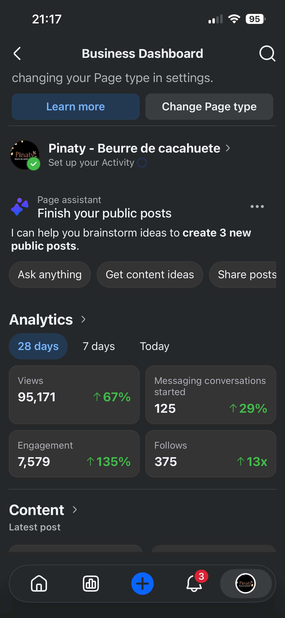 Capture complète du tableau de bord Pinaty : vues, conversations, engagement et abonnements sur 28 jours.