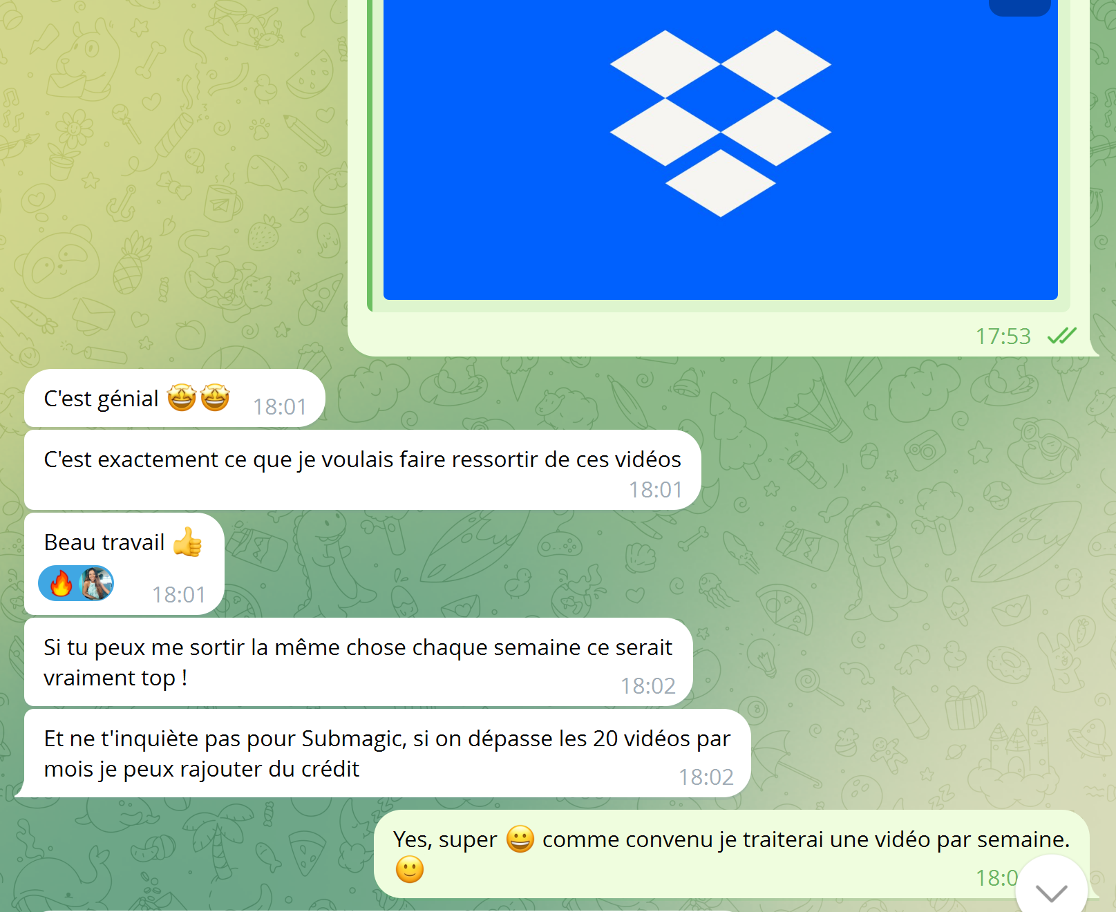 Capture originale Telegram : C’est exactement ce que je voulais faire ressortir de ces vidéos. Beau travail.